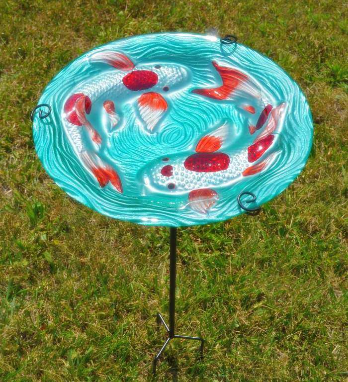 Embossed Koi Pond Glass Bird Bath w/Stake